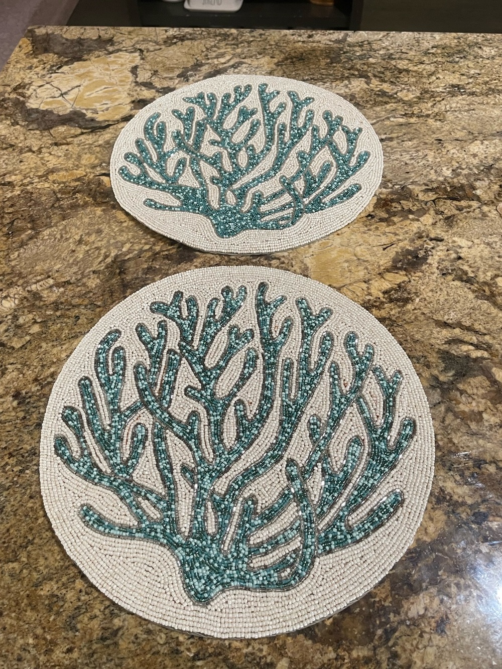 Tahari Home Beaded Charger/Placemats Set of 2- coastal sea coral ! Brand New!